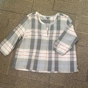 Eddie Bauer Gray, Pink & Light Blue Plaid Henley Blouse